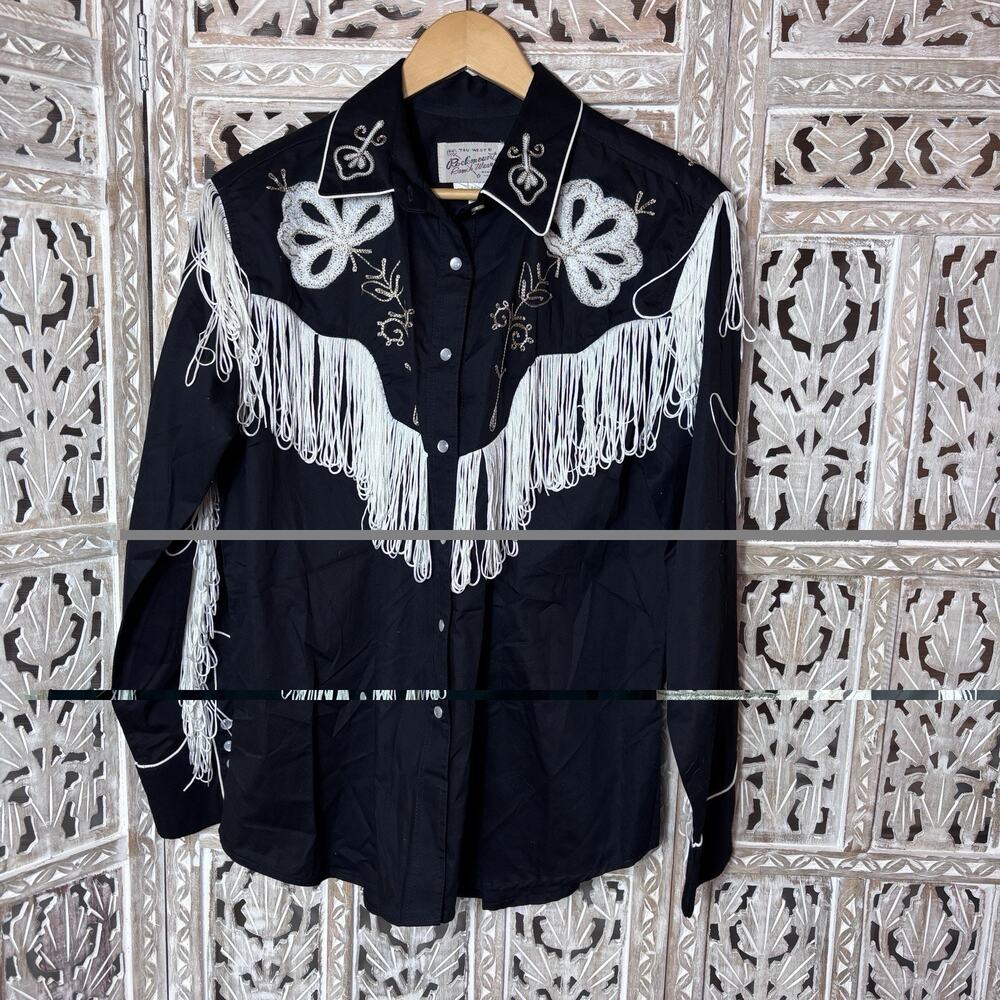 Rockmount Ranch Wear Black Embroidery Western Fringe Pearl Snap Shirt SZ XL